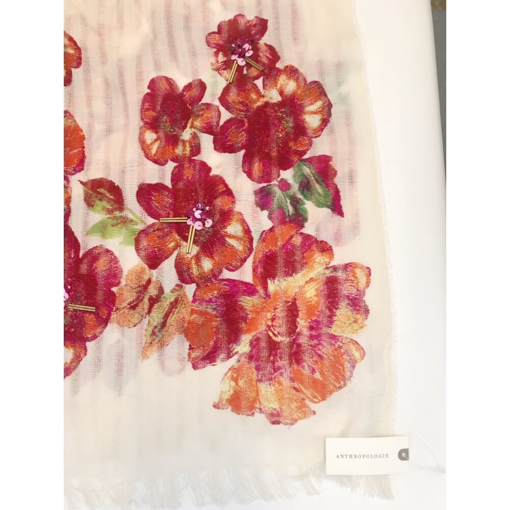 Anthropologie Scarf Womens Red Orange Floral Wool Sheer Fringe Sequins 31 X 72 - Picture 4 of 12